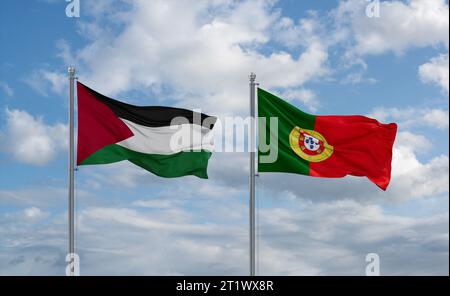 Portugal and Palestine and Gaza Strip flags waving together in the wind on blue cloudy sky, two country relationship concept Stock Photo