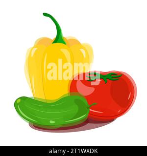 Yellow bell pepper with green tail and lying next to red tomato with green tail and green cucumber in watercolor style. Flares and shadows. Vector Stock Vector