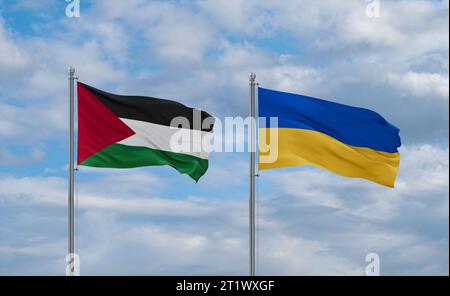 Ukraine and Palestine and Gaza Strip flags waving together in the wind on blue cloudy sky, two country relationship concept Stock Photo