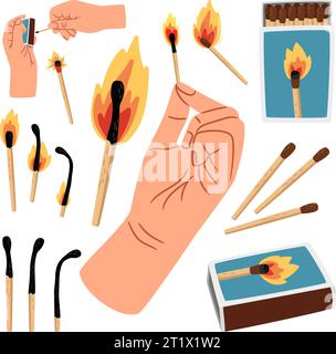 Fire safety, lighting concept. Hands holding a box of matches.Vector illustration of man's hand lights a match using matchbox. Set of burning match. Sequence steps of combustion of heat and flaming Stock Vector