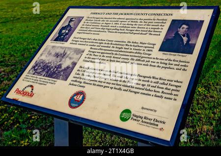 A sign at Pascagoula River Park tells the history of Admiral David Farragut, Oct. 7, 2023, in Pascagoula, Mississippi. Stock Photo