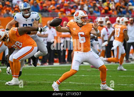 Tampa, United States. 15th Oct, 2023. Tampa Bay Buccaneers quarterback Baker Mayfield (6) passes against the Detroit Lions during the first half at Raymond James Stadium in Tampa, Florida on Sunday, October 15, 2023. Photo by Steve Nesius/UPI Credit: UPI/Alamy Live News Stock Photo