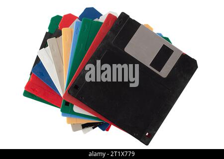Colored old retro floppy diskettes in stack. Isolated on white background. Stock Photo