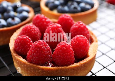 Tartlet With Fresh Raspberries On Cooling Rack, Closeup. Delicious ...