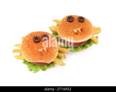 Tasty monster sandwiches for Halloween party isolated on white Stock Photo
