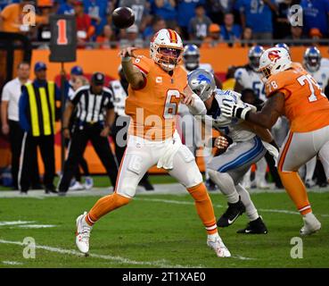 Tampa, United States. 15th Oct, 2023. Tampa Bay Buccaneers quarterback Baker Mayfield (6) passes against the Detroit Lions during the second half at Raymond James Stadium in Tampa, Florida on Sunday, October 15, 2023. Photo by Steve Nesius/UPI Credit: UPI/Alamy Live News Stock Photo