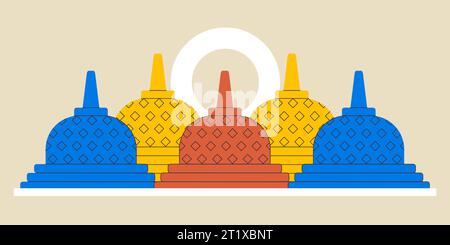Borobudur temple vector illustration of stupa budhist colorful monument Java Indonesia travel landmark Stock Vector