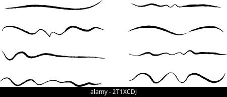 Rough jagged lines set. Grunge wavy brush strokes collection. Black underlines textured curved pen squiggles. Hand drawn imitation elements for banner, banner, decoration. Doodle waves. Vector pack Stock Vector