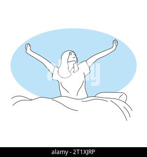 happy woman waking up on bed in the morning illustration vector hand drawn isolated on white background Stock Vector