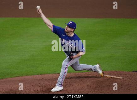 Houston, United States. 15th Oct, 2023. Texas Rangers relief pitcher Josh Sborz throws a pitch in the 7th inning against the Houston Astros in game one of the ALCS at Minute Maid Park in Houston on Sunday, October 15, 2023. Photo by Kevin M. Cox/UPI Credit: UPI/Alamy Live News Stock Photo