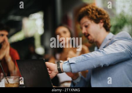 Architects, engineers or executives discussing project details outdoors at a coffee bar. Successful collaboration for construction and urban planning. Stock Photo
