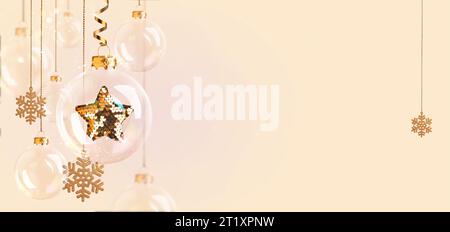 Transparent Christmas balls, golden snowflakes, pastel vanilla holiday background. Premium New Year background with Christmas gold decoration, balls Stock Photo