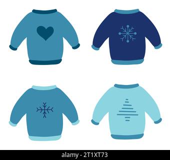 Collection of winter sweaters with different designs. Vector flat illustration. Stock Vector