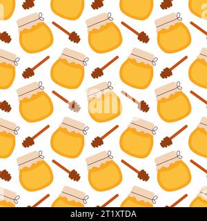 Seamless pattern with honey jar and honey dipper spoon. Vector illustration for honey design, beekeeper branding, background, wrapping paper, fabric t Stock Vector