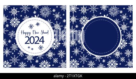 2024 Happy New Year. Square greeting cards with white snowflakes on blue background. Vector illustration in hand drawn doodle style Stock Vector
