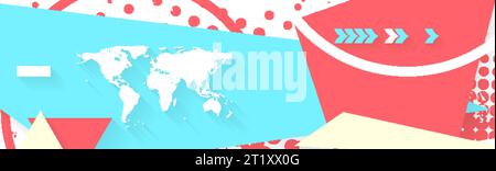 Pink and cyan minimal geometric flat abstract background with world map. Grunge futuristic vector banner design Stock Vector