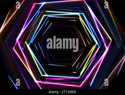 Colorful glowing neon tech hexagons abstract background. Vector design Stock Vector