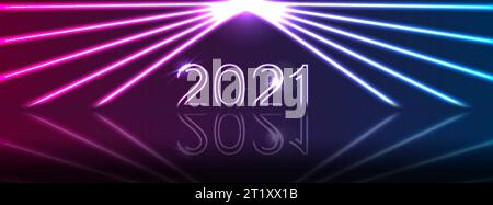 New Year 2021 and neon laser rays abstract holiday banner design. Vector background Stock Vector