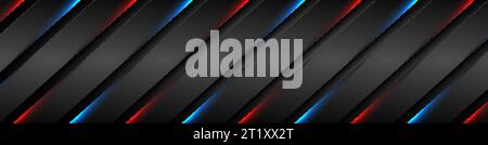 Abstract black stripes with blue red neon glowing light. Vector technology banner design Stock Vector