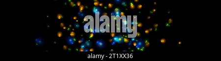 Blue, green and orange shiny bokeh particles abstract glowing background. Vector neon banner design Stock Vector