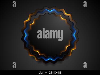 Black wavy circle badge with glowing blue and orange neon light abstract background. Vector corporate design Stock Vector