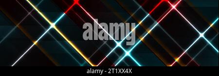 Colorful glowing neon lines abstract retro tech background. Futuristic vector banner Stock Vector