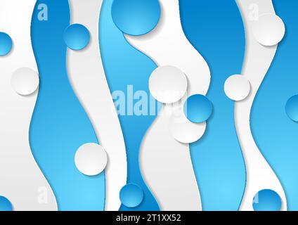 Contrast blue and grey curved waves pattern. Abstract corporate wavy background with circles. Vector design Stock Vector