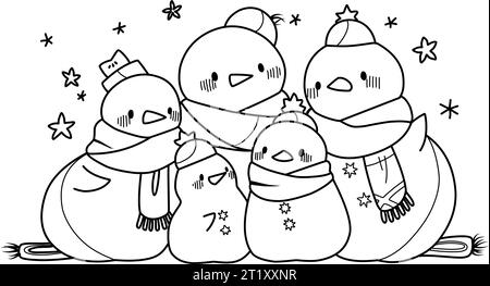 Cute funny family of snowmen. Coloring page for children.Merry Christmas coloring book Stock Vector