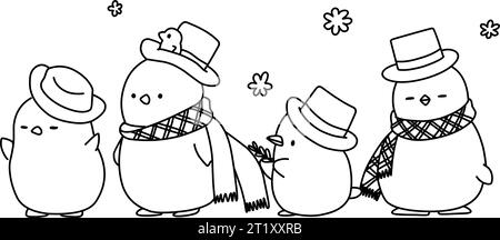 Cute funny family of snowmen. Coloring page for children.Merry Christmas coloring book Stock Vector