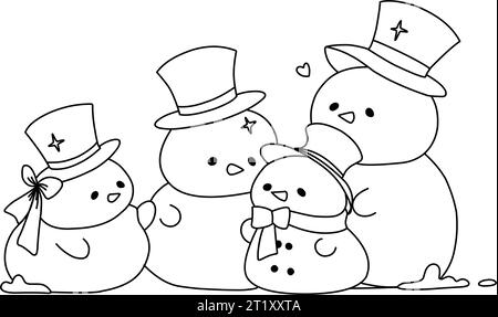 Cute funny family of snowmen. Coloring page for children.Merry Christmas coloring book Stock Vector