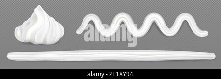 3d white ice cream whip isolated vector decoration. Soft vanilla meringue swirl for sweet pie or cupcake dessert. Realistic bakery mousse topping border pack concept. Frosting line edge frame Stock Vector