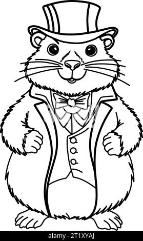 Groundhog Day February 2nd. Cute baby animal beaver. Coloring book Groundhog Day in a top hat and frock coat. Meteorologist. Stock Vector