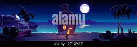 Small house with straw roof and light from window and door on sandy sea or ocean beach at night. Cartoon vector landscape of midnight dark coast with palm trees and rocks in water under moonlight. Stock Vector