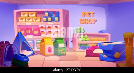 Pet shop interior cartoon vector. Dog and cat petshop in supermarket inside. Animal food on shelf, counter, pillow bed, bowl and scratching toy indoor illustration. Collar and mouse to buy in market Stock Vector