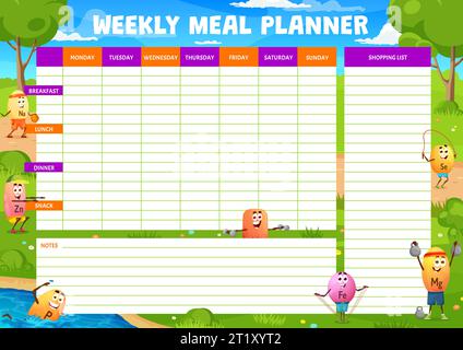 Weekly fitness planner, cartoon vitamin and mineral characters on beach ...