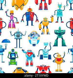 Cartoon robot characters seamless pattern of toy androids, vector background. Kids funny robots, robotic droids and transformer machines, cute space bot and alien cyborg monsters in pattern background Stock Vector
