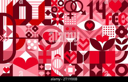 Valentine modern geometric pattern with abstract love hearts and geometric shapes. Vector background of romantic holiday geometry mosaic. Pink circles, squares, red hearts and gifts bauhaus backdrop Stock Vector