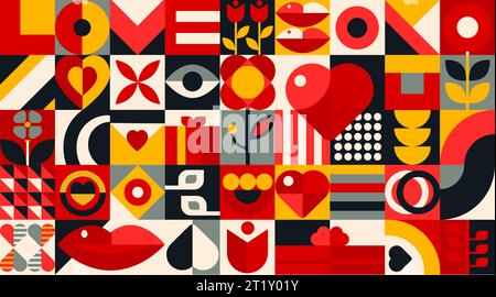 Valentines Day geometric bauhaus pattern. Love hearts vector background of romantic holiday geometry mosaic. Abstract bauhaus pattern with pink hearts, flowers, gifts and red lips, eyes and kisses Stock Vector
