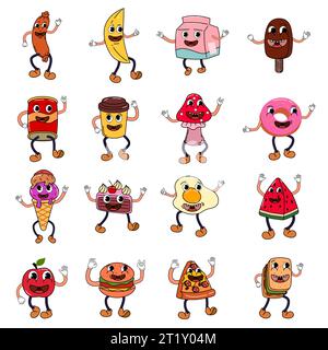 Groovy hippie set of funny characters trendy retro trippy 70s style Stock Vector