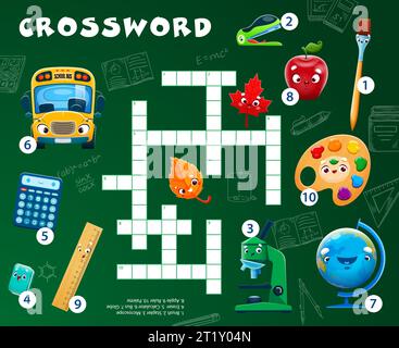 Crossword quiz game. School education stationery cartoon characters word grid puzzle worksheet. Vector cute school bus, microscope, calculator and ruler, apple, brush and globe personages kids game Stock Vector