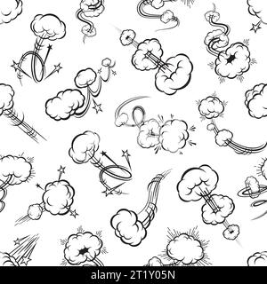 Comic speed motion effect, speed trails seamless pattern background, vector puff clouds. Cartoon doodle pattern of jump or blast bubble and spiral motion air puffs or cloud trails of rocket launch Stock Vector