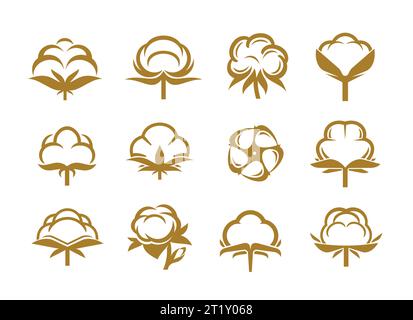 Cotton icons of vector flowers with soft fiber balls. Isolated vector plants of organic natural cotton with soft bolls, floral buds and leaves, vintage signs set for bio fabric or natural materials Stock Vector