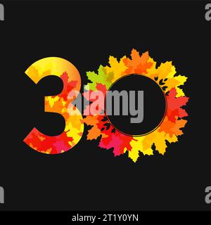 Autumn number 30. Fall sale logo. September, October, November 30 calendar title. Holiday wreath with red, orange and yellow leaves. Seasonal symbol. Stock Vector