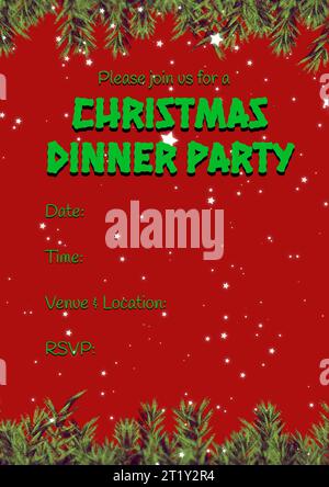 Please join us for a christmas dinner party with date, time, venue, location, rsvp on red background Stock Photo