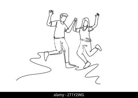 Single continuous line drawing young happy student couple jumping to celebrate their final exam result graduation together. Campus life education conc Stock Photo