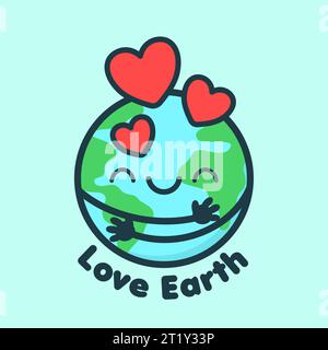 Cute And Kawaii Style Earth Character Hugging Stock Vector