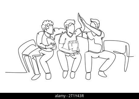 Single continuous line drawing young happy fans siting on sofa and watching their favorite club playing the match on the television. Fans club concept Stock Photo