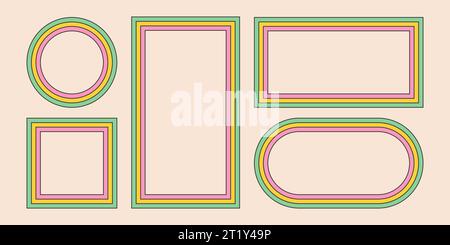 Groovy rainbow frames in 1970s hippie style. Psychedelic retro borders. Text box funky 70s. Good vibes background. Pop vintage groovy square and Stock Vector