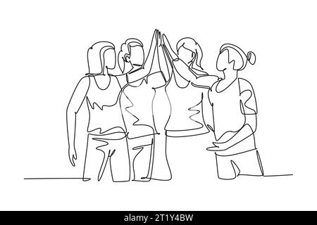 Single one line drawing group of happy women giving high five gestures after doing some aerobic exercise at gymnasium together. Fitness concept. Conti Stock Photo
