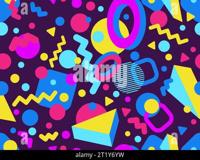 3d geometric seamless pattern in style of the 80s. 3d isometric triangles, squares and circles. Background for promotional products, wrapping paper an Stock Vector